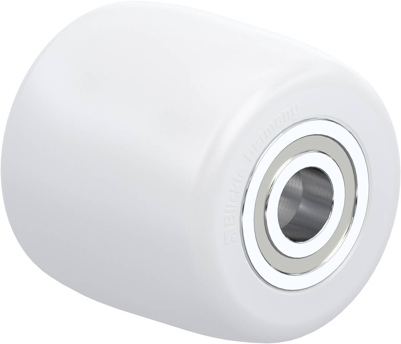 Weiße Rolle mit integriertem Kugellager, verwendet für leichte Lasten auf glatten Oberflächen.