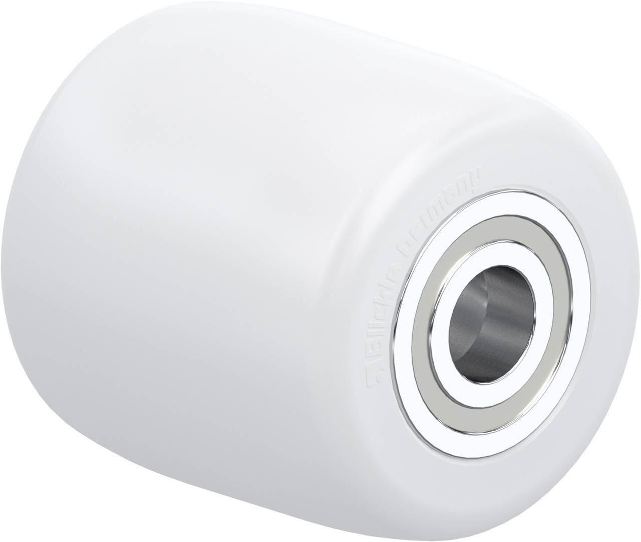 Weiße Rolle mit silbernem Kugellager in der Mitte, geeignet für Möbel oder Industrieanwendungen.