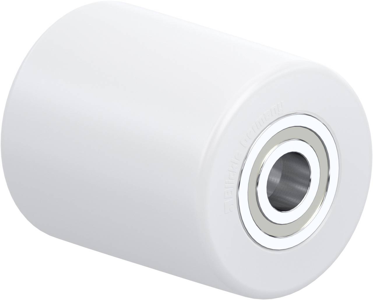 Ein weißer zylindrischer Rollendämpfer mit metallischer Mittelbohrung. Verwendet für die Geräuschreduzierung in Maschinen.