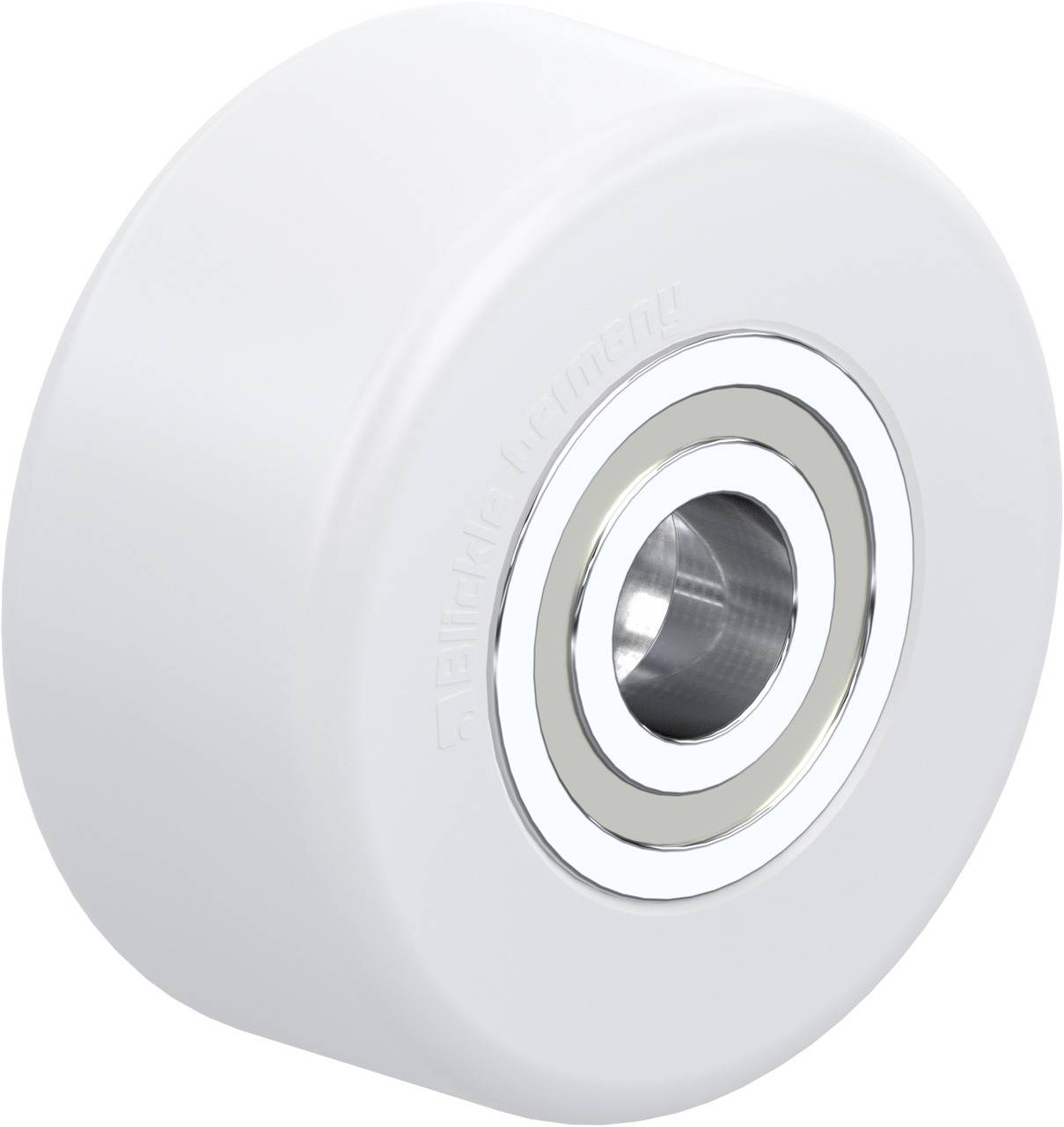 Weißes Kunststoffrad mit integriertem Metallkugellager, genutzt für geringe Reibung und Langlebigkeit in Rollsystemen.