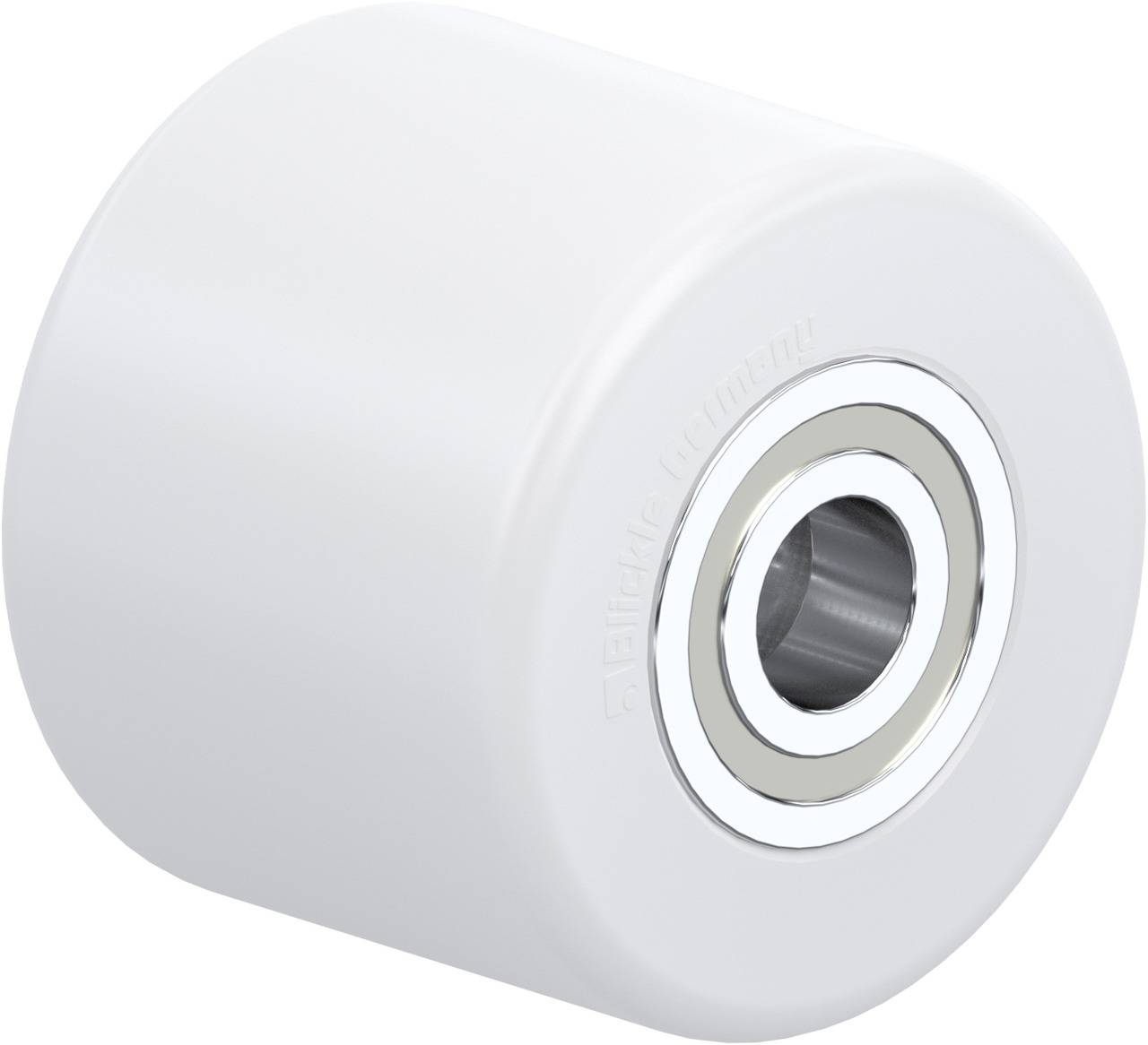 Weiße zylindrische Rolle mit Metalllager in der Mitte für Anwendungen in der Industrie oder im Maschinenbau.