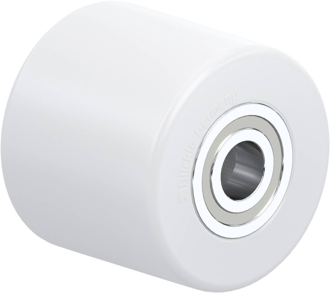 Helles Kunststoffrad mit metallischer Radnabe und Lager, seitlich abgebildet.