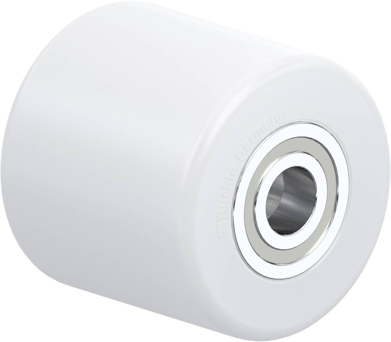 Weiße Rolle mit integriertem Kugellager, zylindrische Form, glatt Oberfläche.