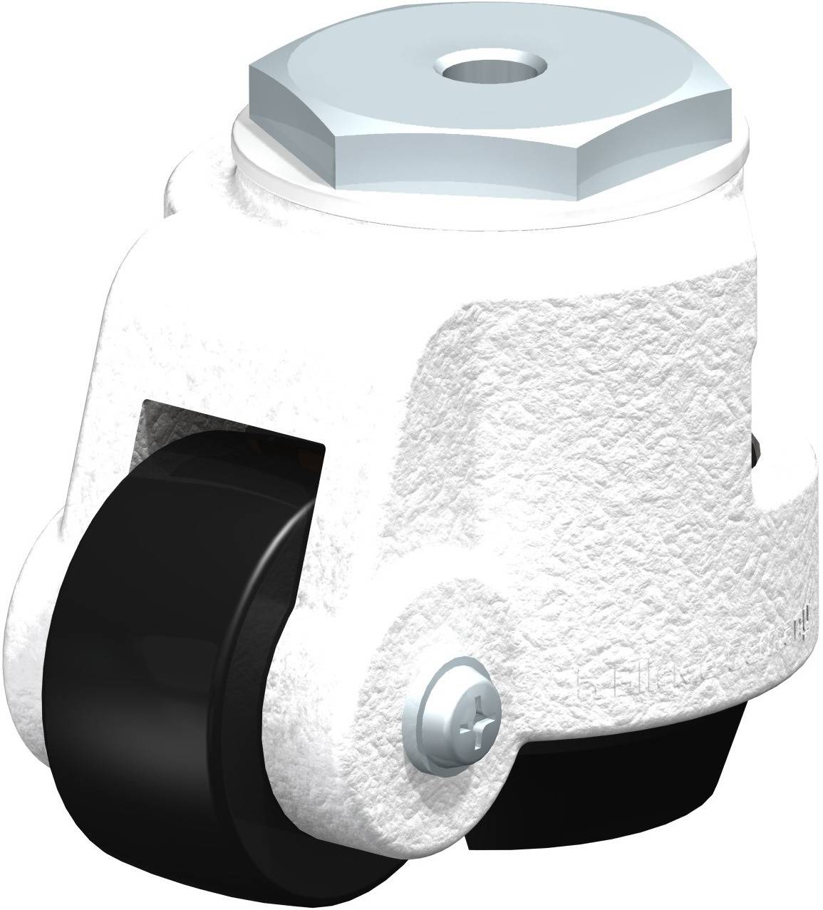 Weißes, strukturiertes Gehäuse mit schwarzem Rad und oberer Schraube. Es scheint ein Lenkrollen- oder Lagerbauteil zu sein.