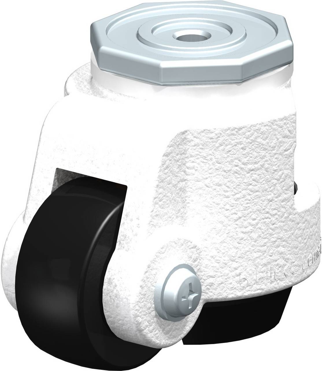 Industrie-Rolle aus Metall mit schwarzem Rad und Schraubverschluss oben, häufig zur Befestigung an Maschinen oder Geräten verwendet.