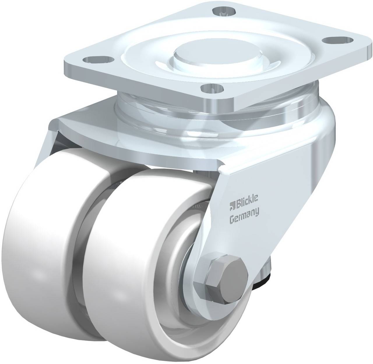 Zwei weiße Rollen mit einem silbernen Gehäuse und einer rechteckigen Montageplatte. Markenname 'Blickle Germany' auf der Seite.