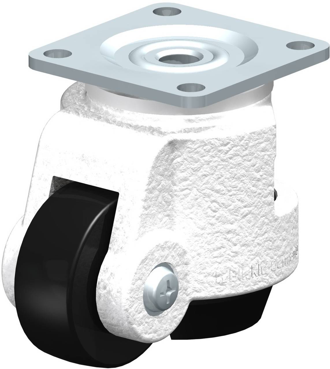 Schwenkrolle mit schwarzem Rad und silbernem Gehäuse, verwendet für leichte Beweglichkeit von Möbeln oder Geräten.