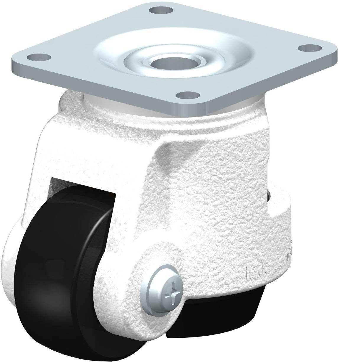 Ein feststellbares Rad mit einem weißen Gehäuse und schwarzem Rad, montiert an einer Metallplatte. Ideal für Möbelbewegung.