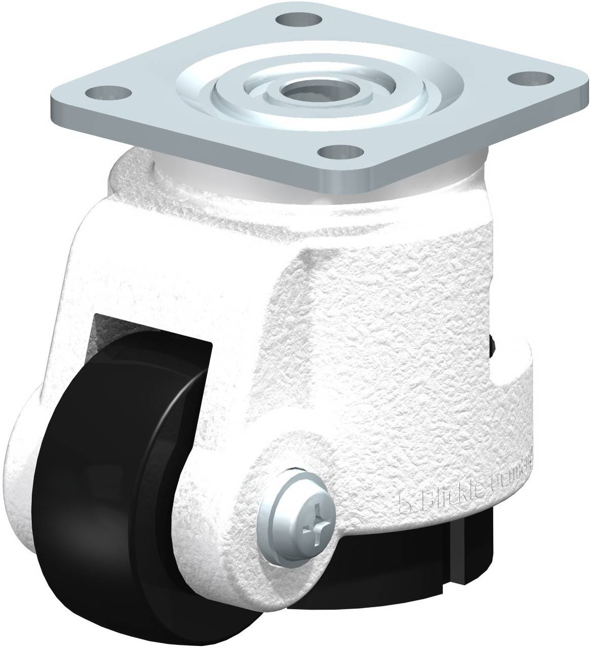 Industrielle Lenkrolle mit schwarzem Rad, weißem Gehäuse und Montageplatte, geeignet für schwere Lasten.