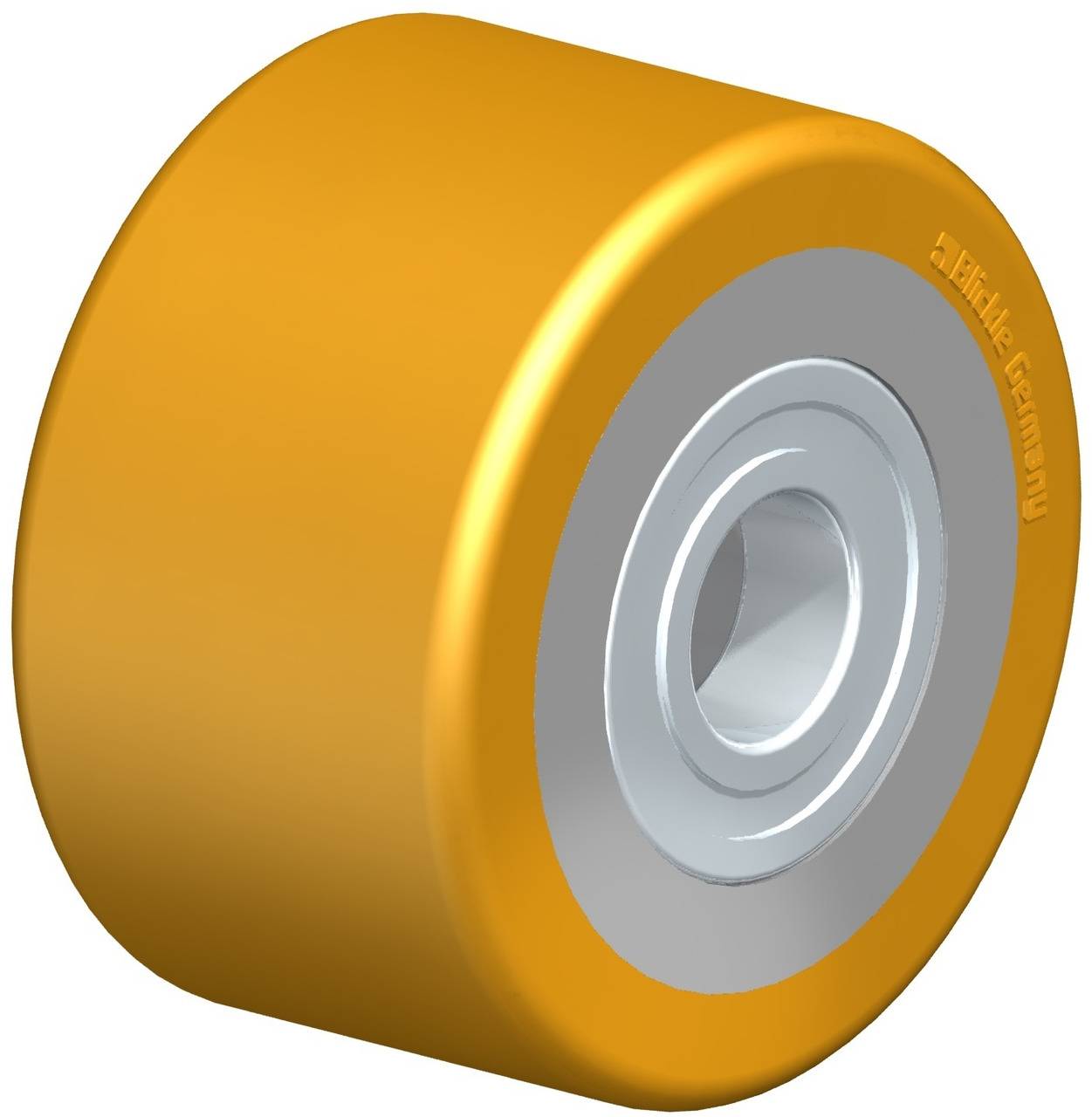 Gelbes Skateboard-Rad mit silberner Nabe, perspektivisch dargestellt.