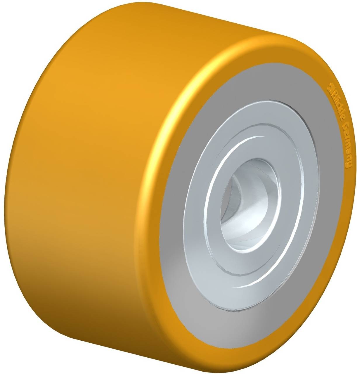Gelbe Urethan-Rolle mit silbernem Innenlager, auf weißem Hintergrund.