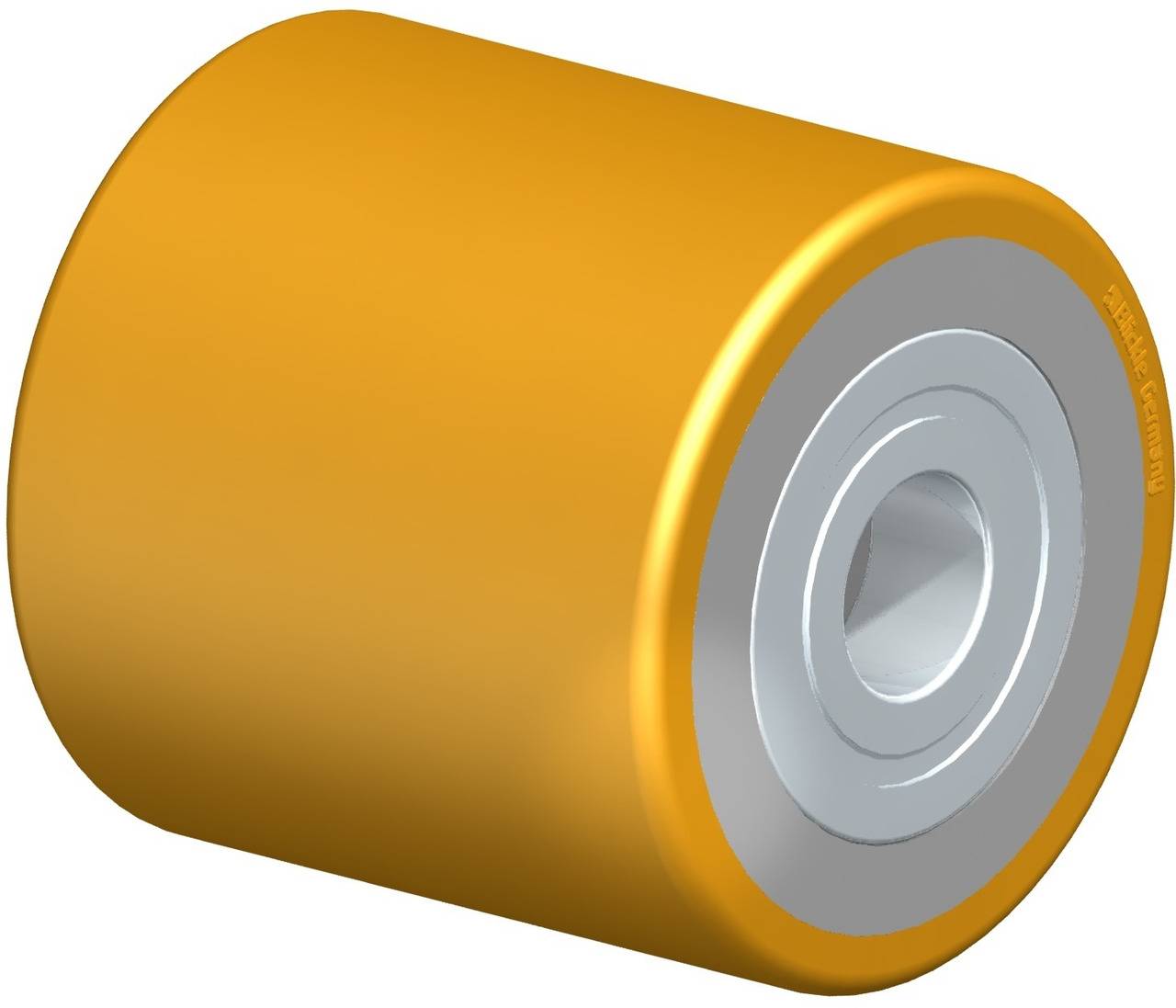 Gelbes zylindrisches Rad mit silbernem Innenring und zentralem Loch, meist verwendet für Rollen oder mechanische Anwendungen.