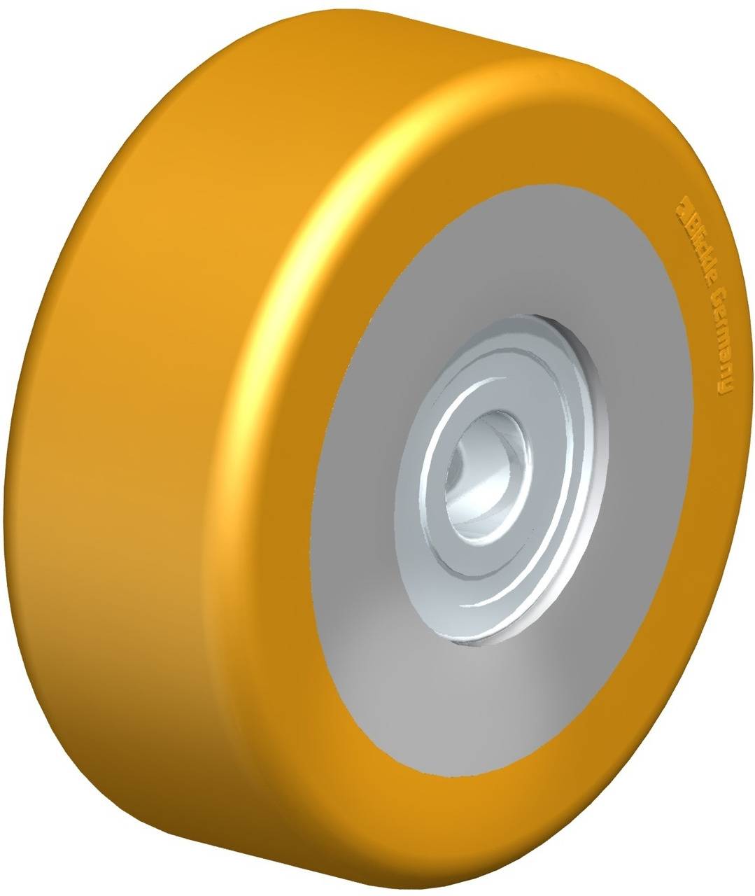 Gelbes Rad mit silberner Nabe, wahrscheinlich für Transportgeräte oder Maschinen geeignet.