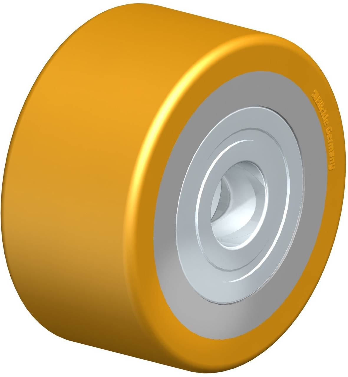 Gelbes, rundes Rad mit silberner Achse und glatt glänzender Oberfläche.