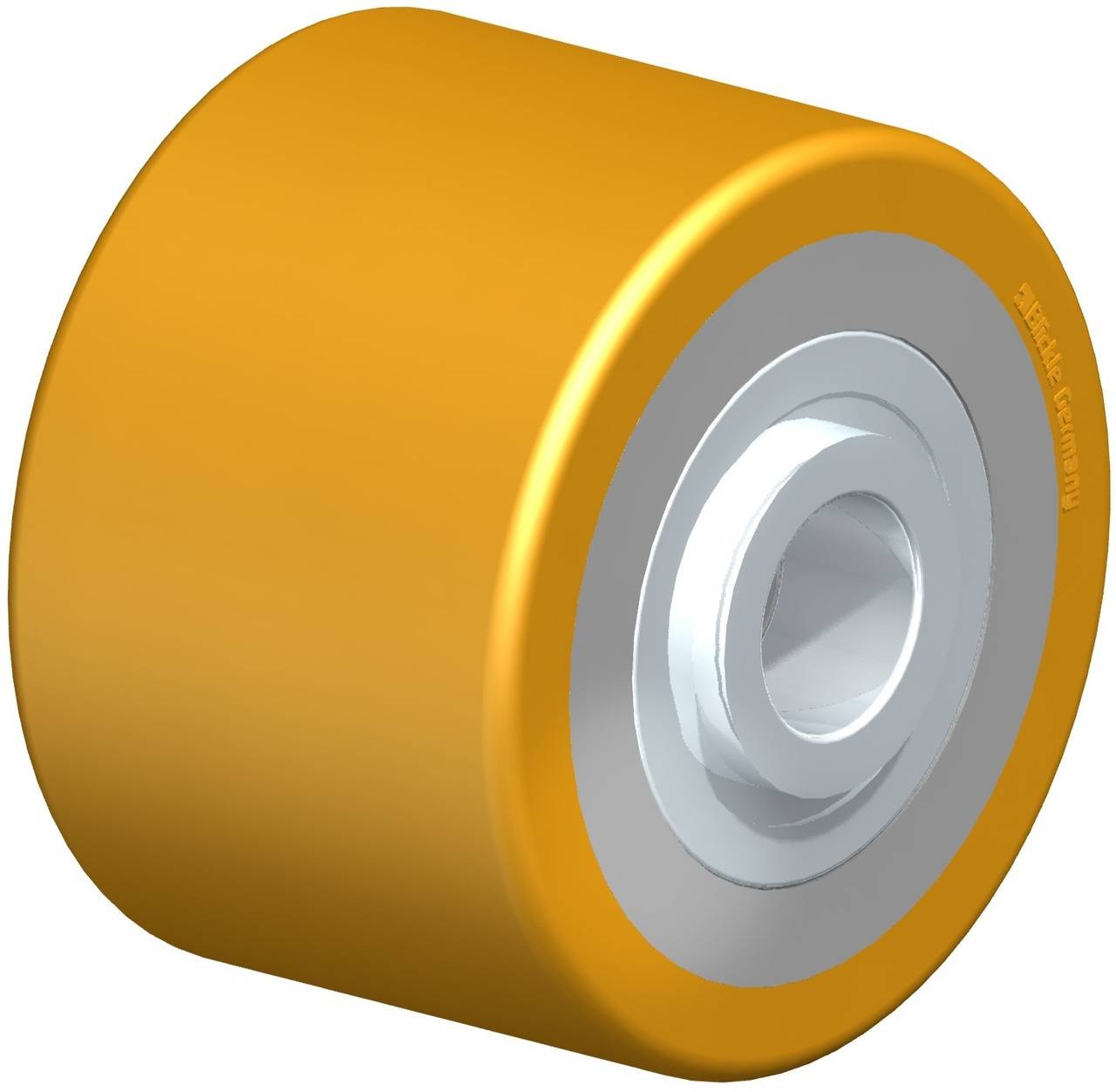 Gelbes Rad mit silbernem Kugellager, möglicherweise Teil eines Skateboards oder Rollers, für glattes Rollen und Stabilität.