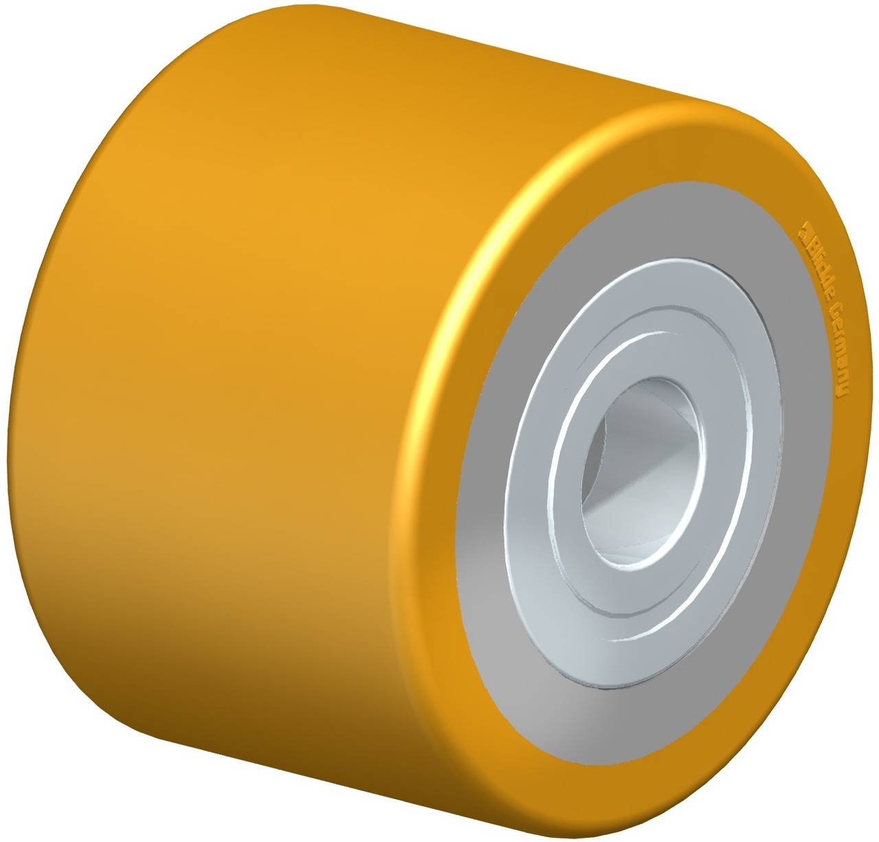 Ein gelbes Rad mit einer silbernen Metallabdeckung, möglicherweise ein Ersatzteil für ein technisches Gerät.