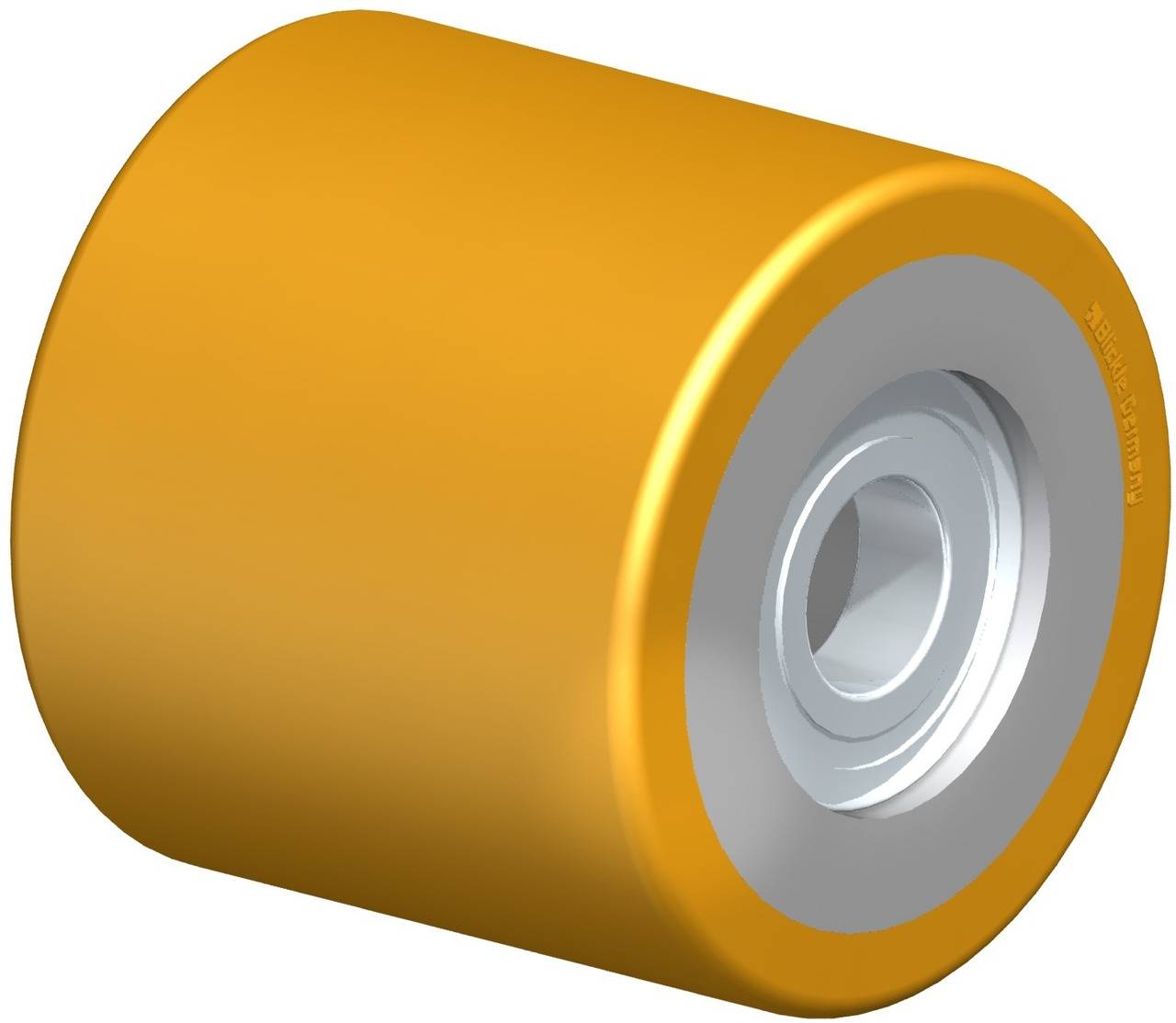 Ein einzelnes, gelbes Skateboardrad mit einem silbernen Metallkern, isoliert auf weißem Hintergrund.