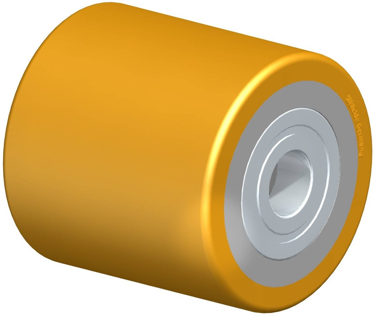 Eine gelbe Rolle mit grauem Innenkern, häufig als Ersatzteil für Förderbänder oder ähnliche Maschinen eingesetzt.