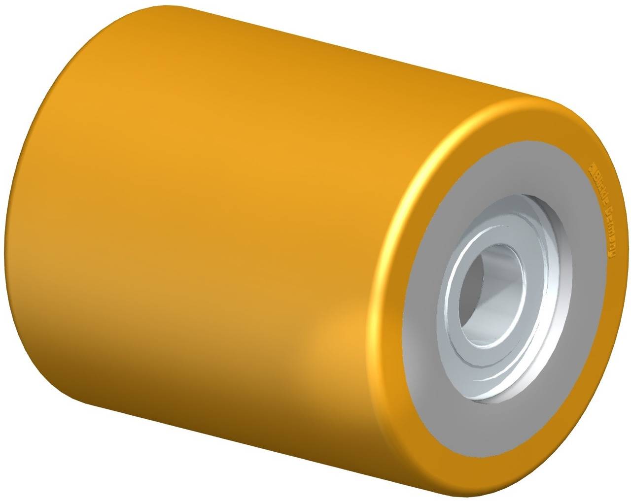 Eine gelbe Rolle mit einem silbernen Kern, vermutlich Teil eines Industrielagers oder Förderbandes.