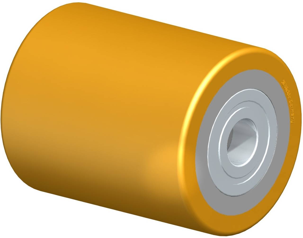 Gelbe zylindrische Rolle mit silbernen Endscheiben, möglicherweise ein Maschinenelement oder Teil eines Rollenlager-Systems.