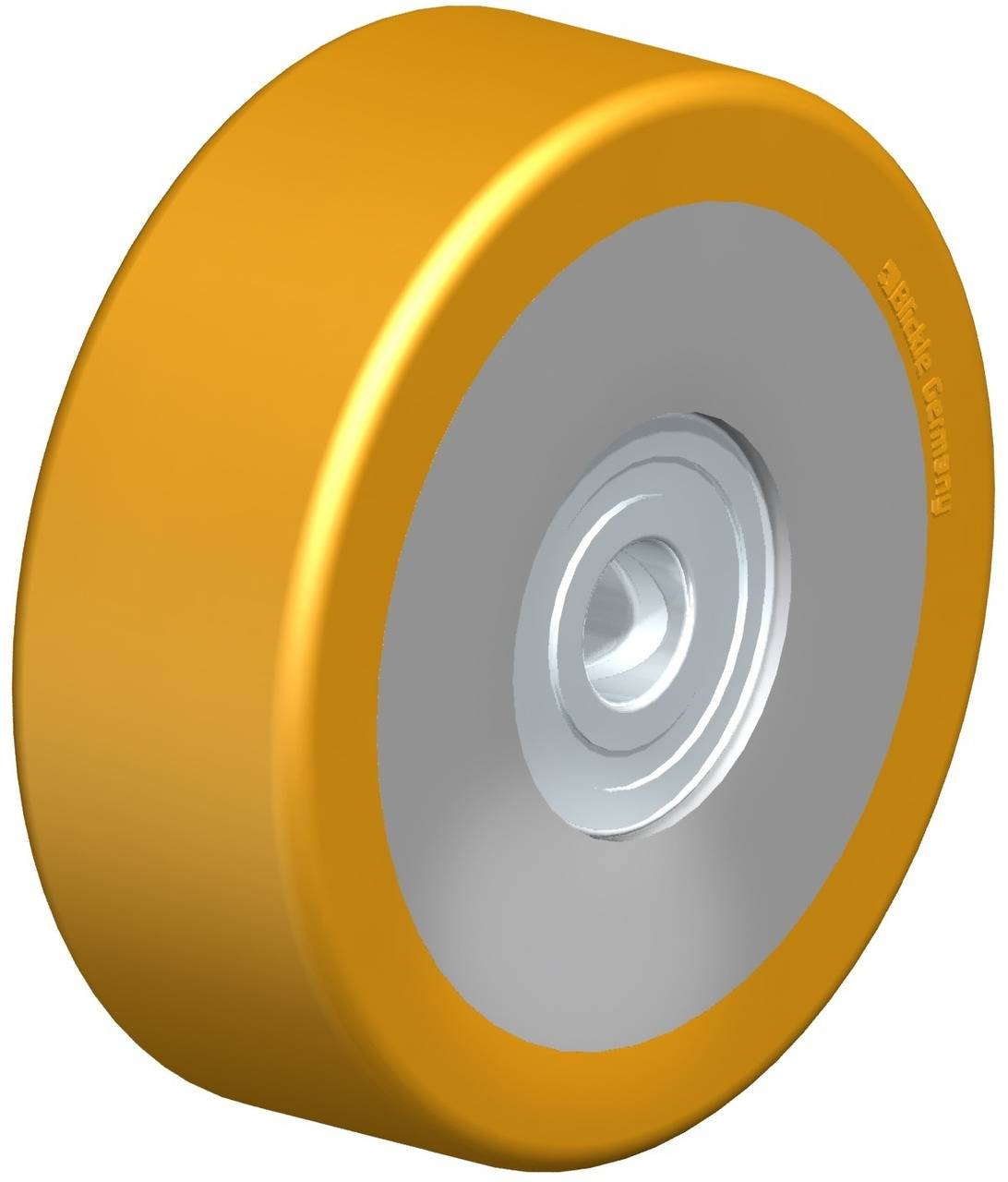 Ein einzelnes Rad mit gelbem Reifen und silberner Felge. Es könnte für Maschinen oder Transportmittel verwendet werden.