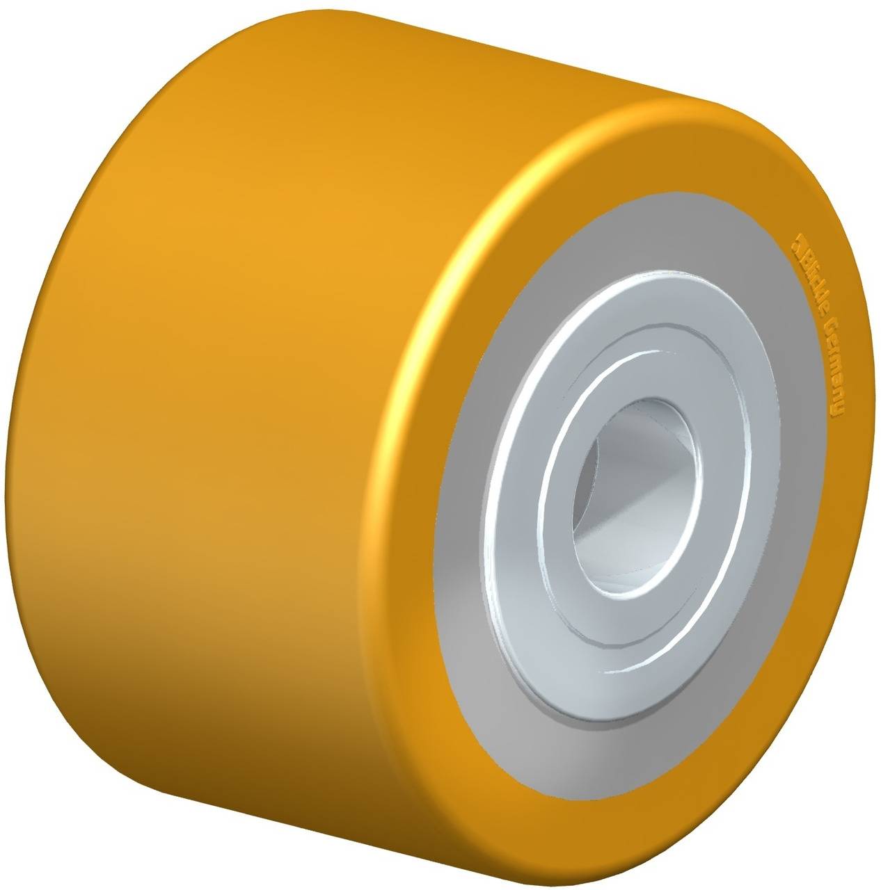 Eine orangefarbene Rolle mit metallischem Kugellager, die für Skateboards oder Rollschuhe geeignet ist.