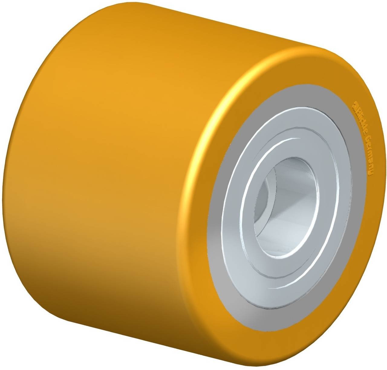 Rundes, gelbes Rad mit silbernem Kern, vermutlich für ein Skateboard oder ähnliches Fahrzeug. Es hat ein schlichtes, modernes Design.