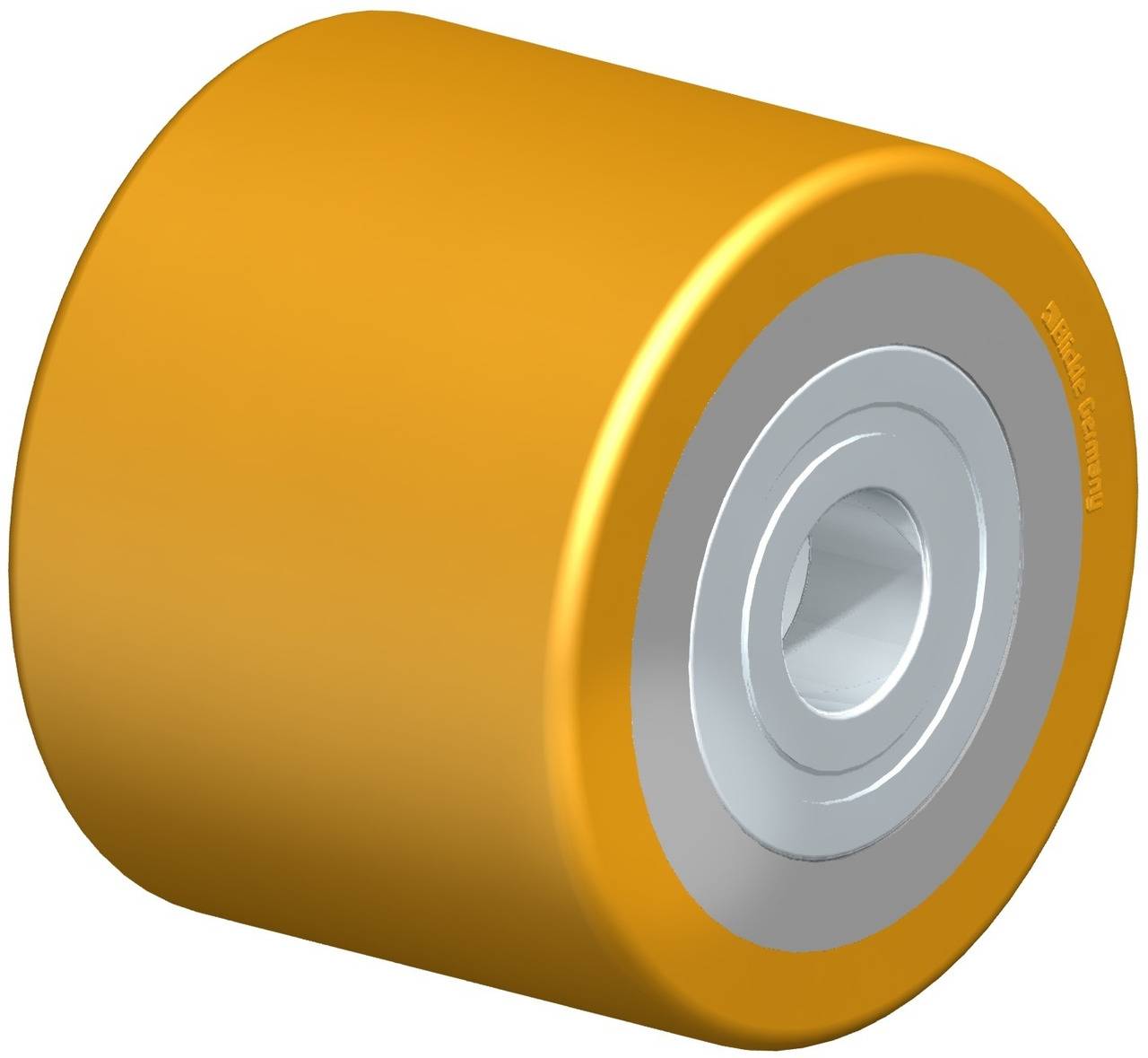 Goldenes, zylindrisches Rad mit silbernem Zentrum und Lager, möglicherweise für einen Rollstuhl oder Trolley geeignet.