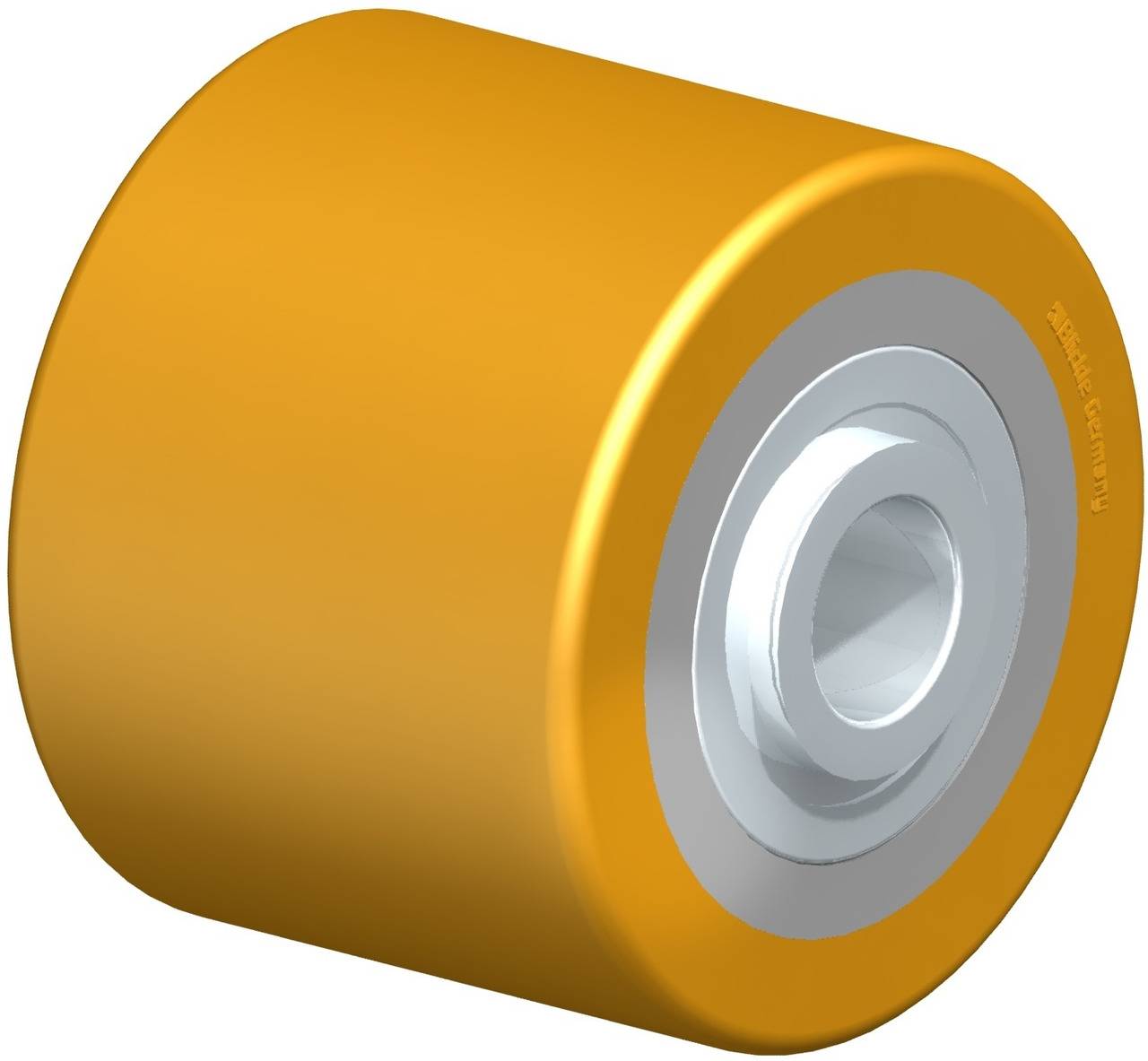 Gelbes Rad mit silberfarbenem Innenring und Lager, möglicherweise Teil eines Rollbrettes oder ähnlichem.