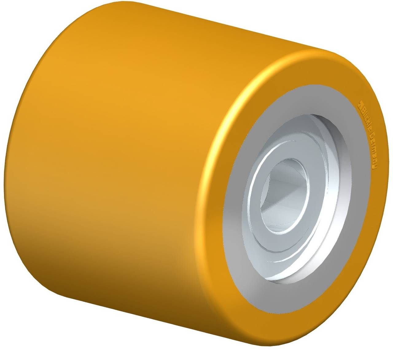 Ein einzelnes, orangefarbenes Rollschuh- oder Skateboardrad mit einem metallischen Innenlager, auf weißem Hintergrund.