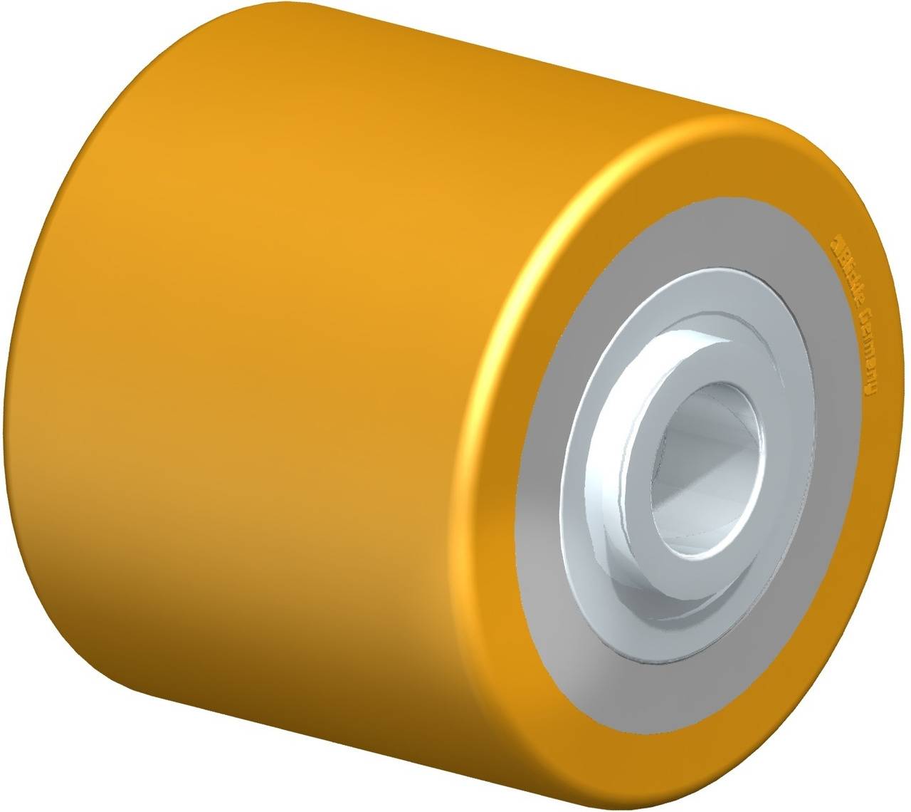 Ein einzelnes gelbes Rad mit silberner Nabe, möglicherweise ein kleines Industrie- oder Transportrollrad.