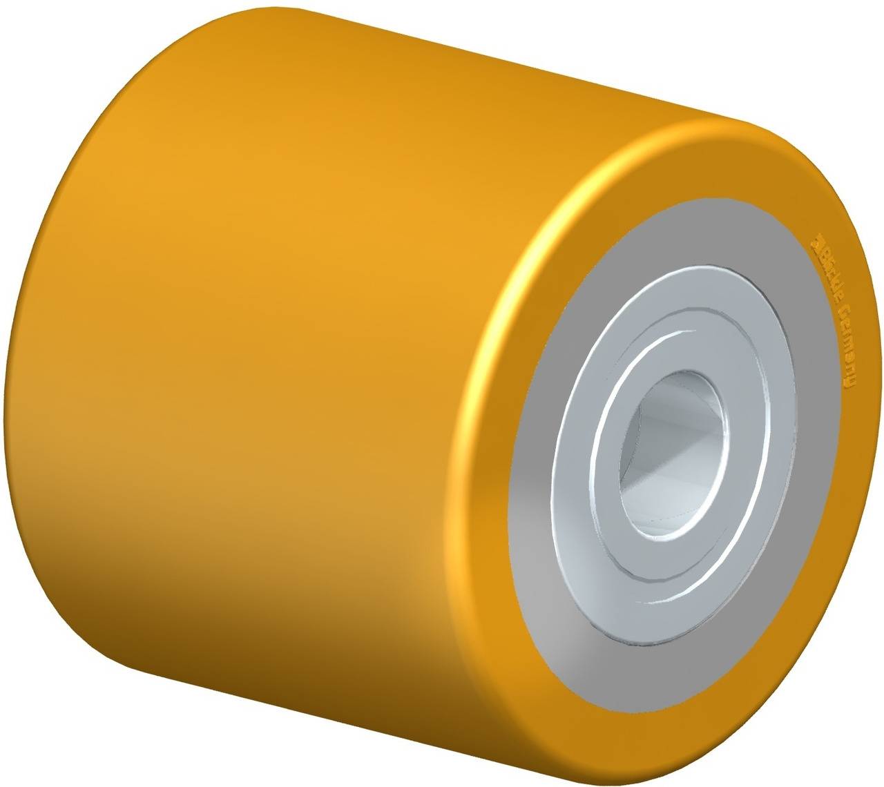 Eine orangefarbene Rolle mit Metalllager, dargestellt in einer Dreiviertelansicht.