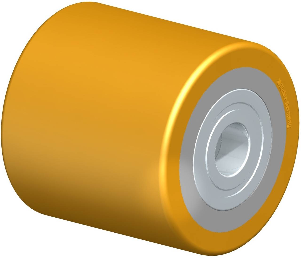 Gelb lackierte zylindrische Rolle aus Metall mit einer zentralen Bohrung, möglicherweise Teil eines Maschinenbauelements oder Werkzeugs.