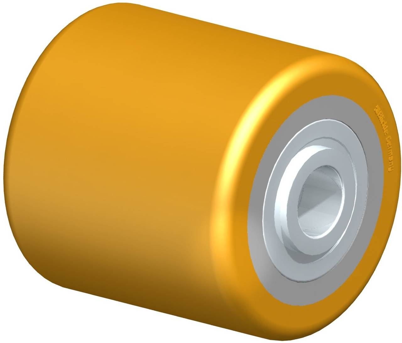 Rotes, zylinderförmiges Rad mit Metallkern, häufig für Förderbänder oder Rollenanwendungen in Industriebereichen verwendet.