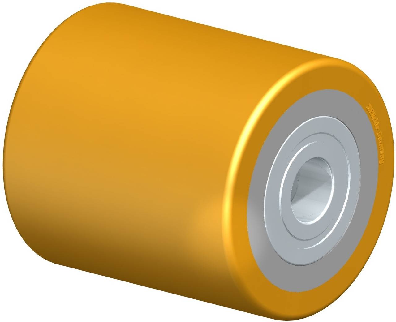 Ein orangefarbener zylindrischer Rollenkern, wahrscheinlich ein Maschinenteil, mit metallischer Mitte zur Befestigung oder Rotation.