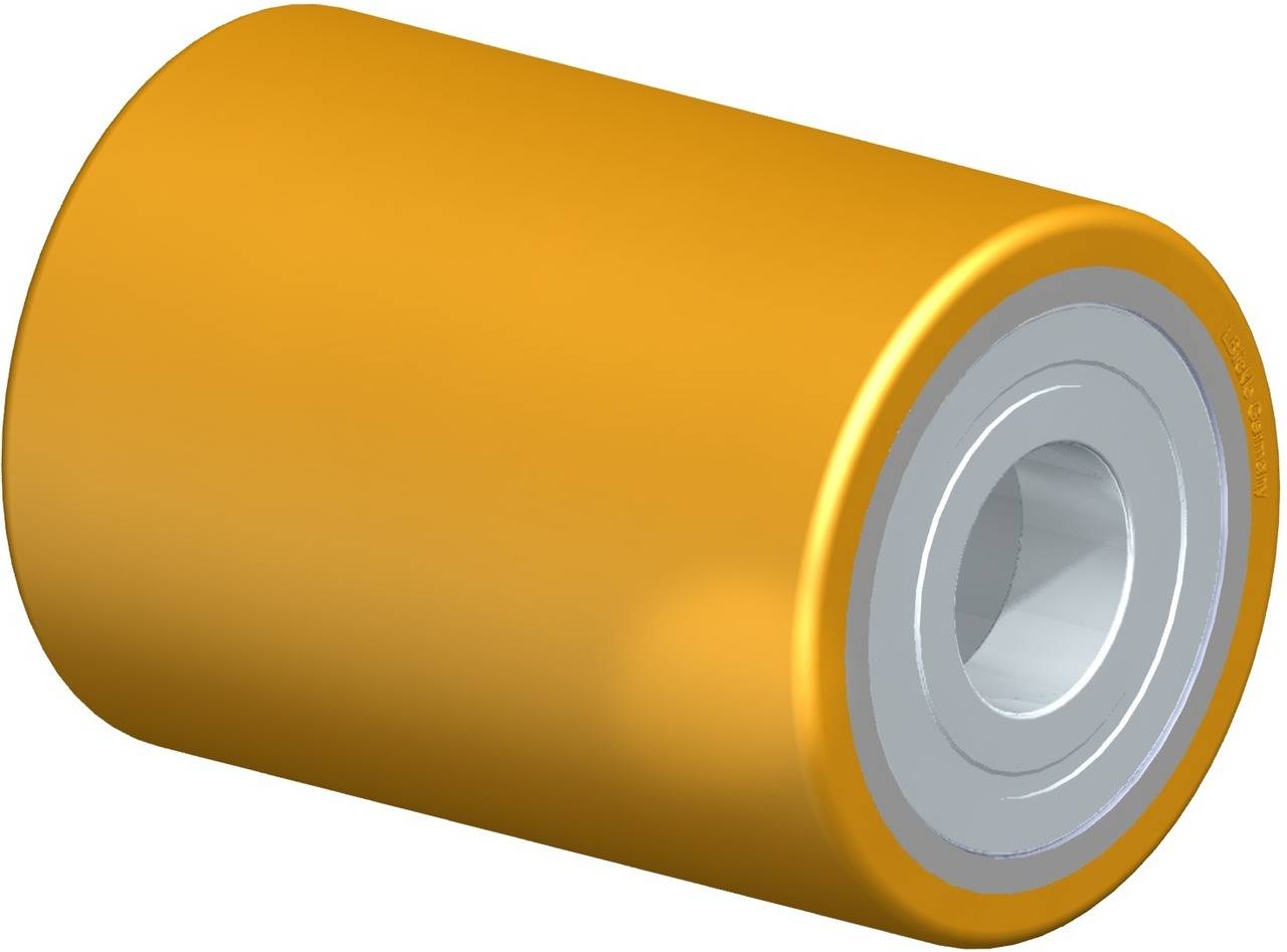 Gelbes Zylinderrollenlager mit metallischer Innenfläche, perspektivisch dargestellt. Hauptsächlich verwendet in Industriemaschinen.