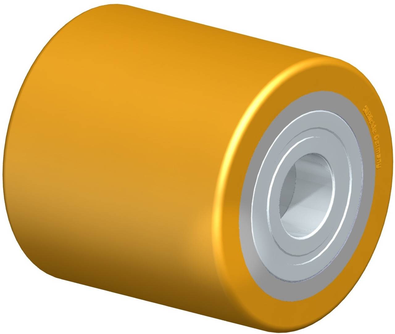 Gelbes Rad mit silbernem Innenring, vermutlich Teil eines Rollensystems.