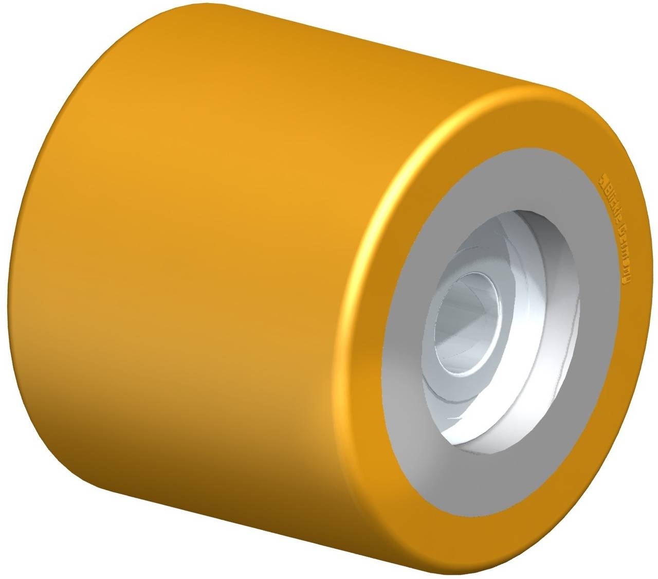 Gelbes Skateboard-Rad mit glänzendem Metallkern, 3D-Darstellung, zeigt Form und Materialbeschaffenheit.