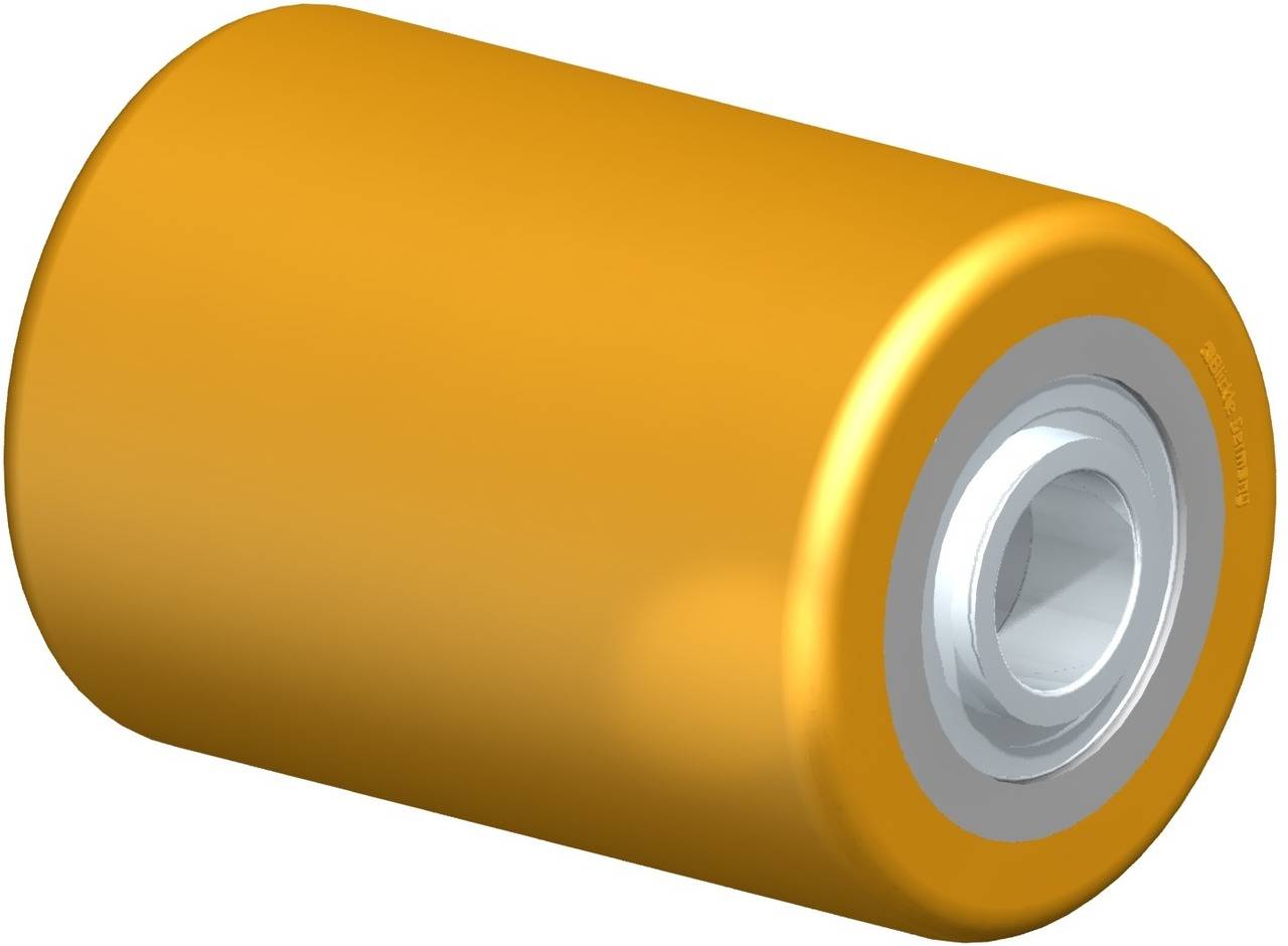 Rundes Objekt, gelb, mit metallischem Innenring, ähnlich einer Rolle oder einem Lager, möglicherweise Teil eines Maschinen- oder Möbelteils.