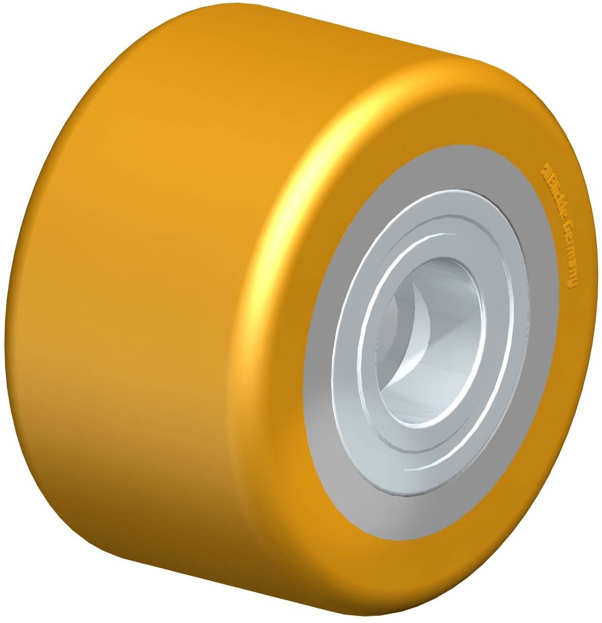 Orange Skateboard-Rad mit Metallkern in Nahaufnahme.