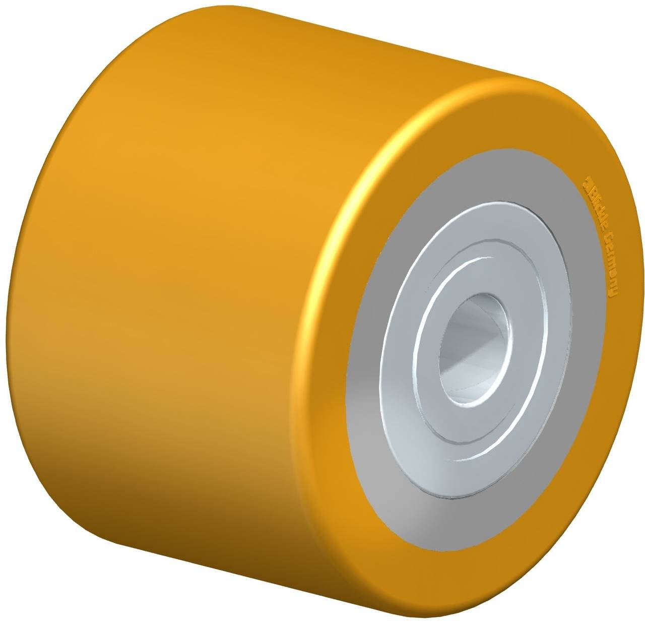 Ein gelbes, zylindrisches Rad mit silbernem Mittelteil; möglicherweise eine Rolle oder ein Laufrad, verwendet in Maschinen oder Fahrzeugen.