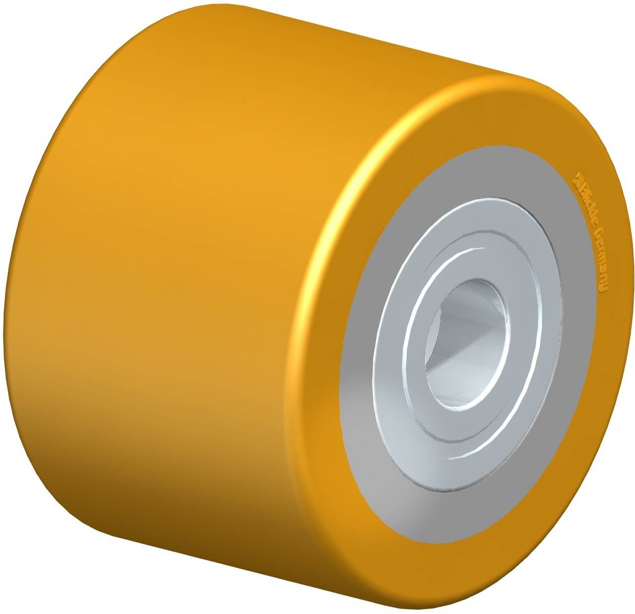 Gelbes Rad mit silbernem Innenring aus Metall, wahrscheinlich ein Lager oder Teil eines technischen Geräts.