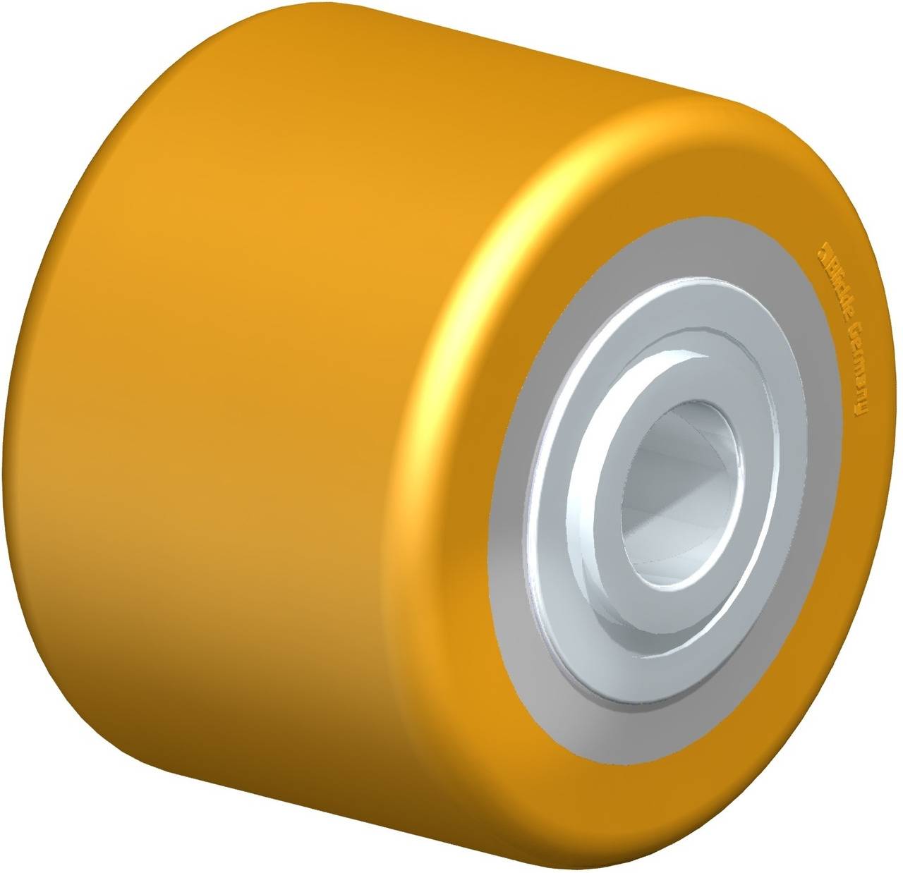 Ein goldenes Radlager mit silberner Mitte, geeignet für Skateboards oder kleine Maschinen. Glatte Oberfläche, zylindrische Form.