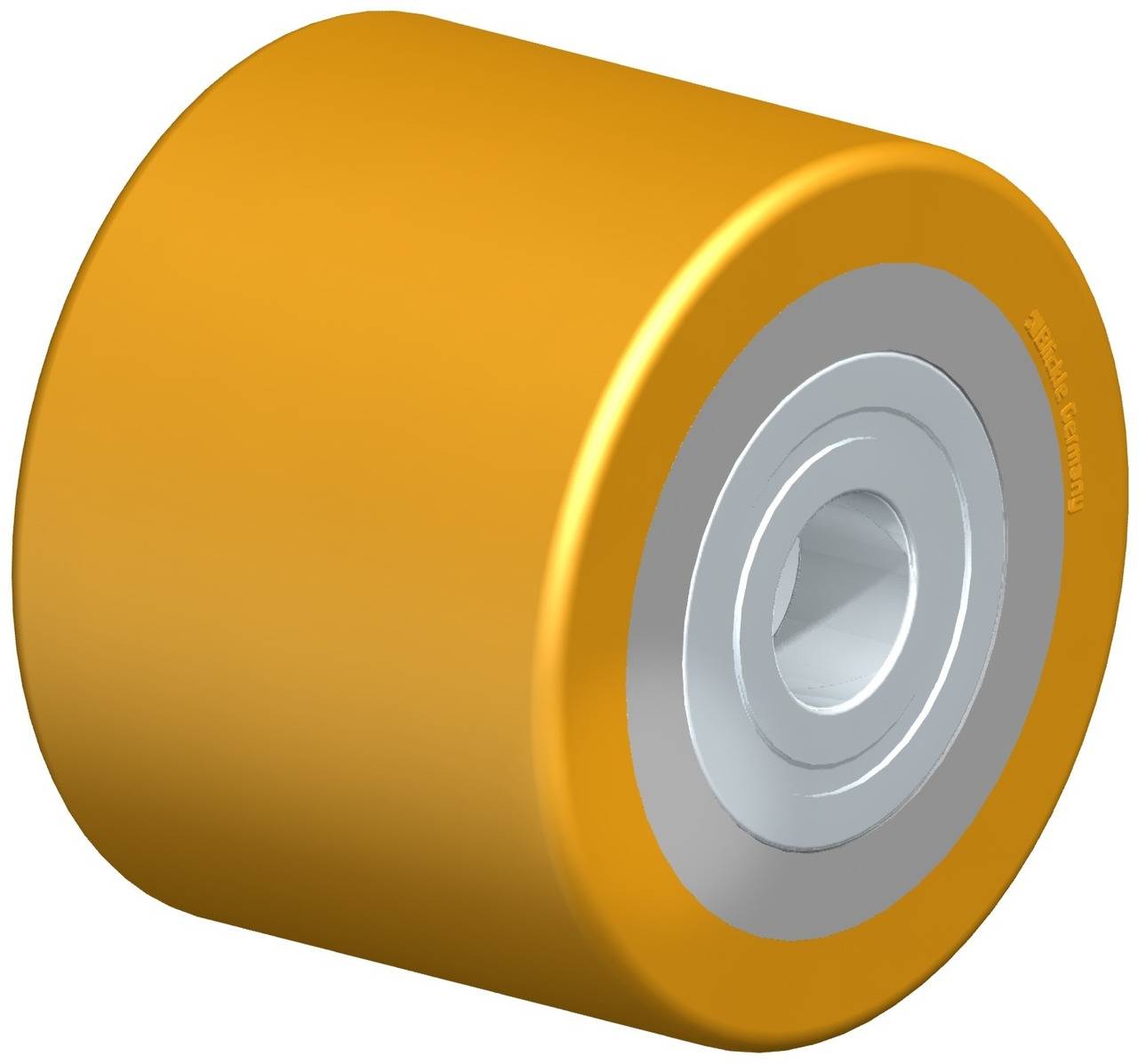 Ein orangefarbenes Rad mit silbernem Metallkern und Lager, wahrscheinlich Teil eines Rollschuhs oder Skateboards.