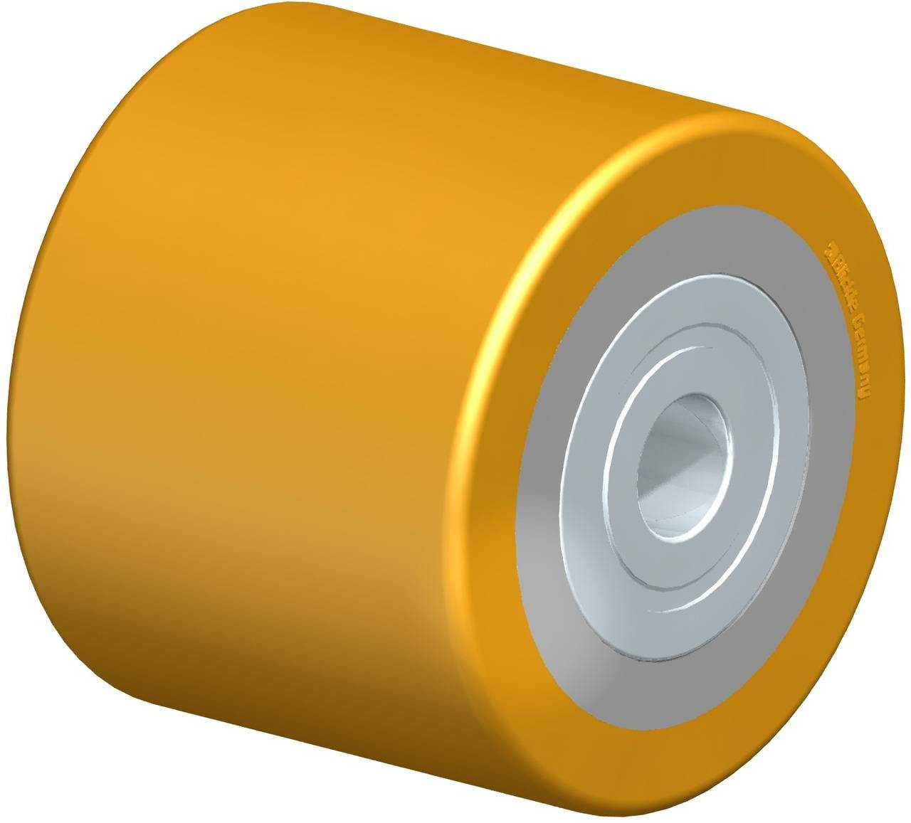 Gelbes zylindrisches Rad mit silbernem Kern, vermutlich ein Rollenlager. Verwendet in Maschinen oder Transportgeräten.