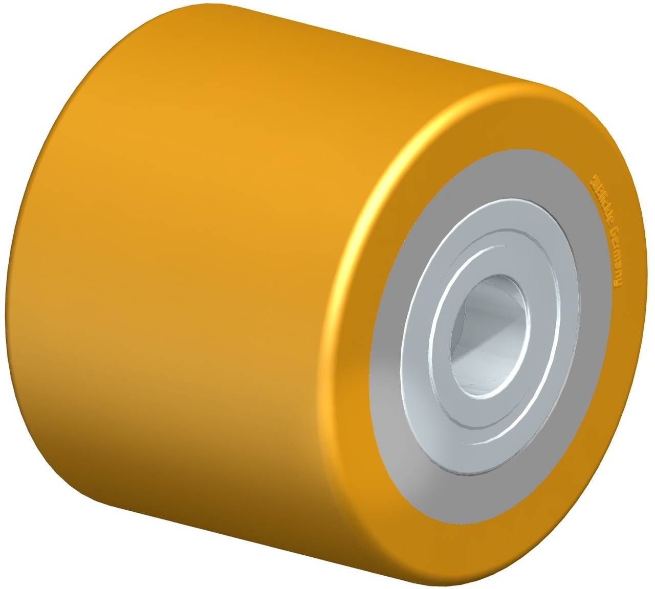 Ein gelbes Rad aus Metall oder Kunststoff mit silberner Achse, möglicherweise ein Teil eines Transport- oder Maschinenbauteils.