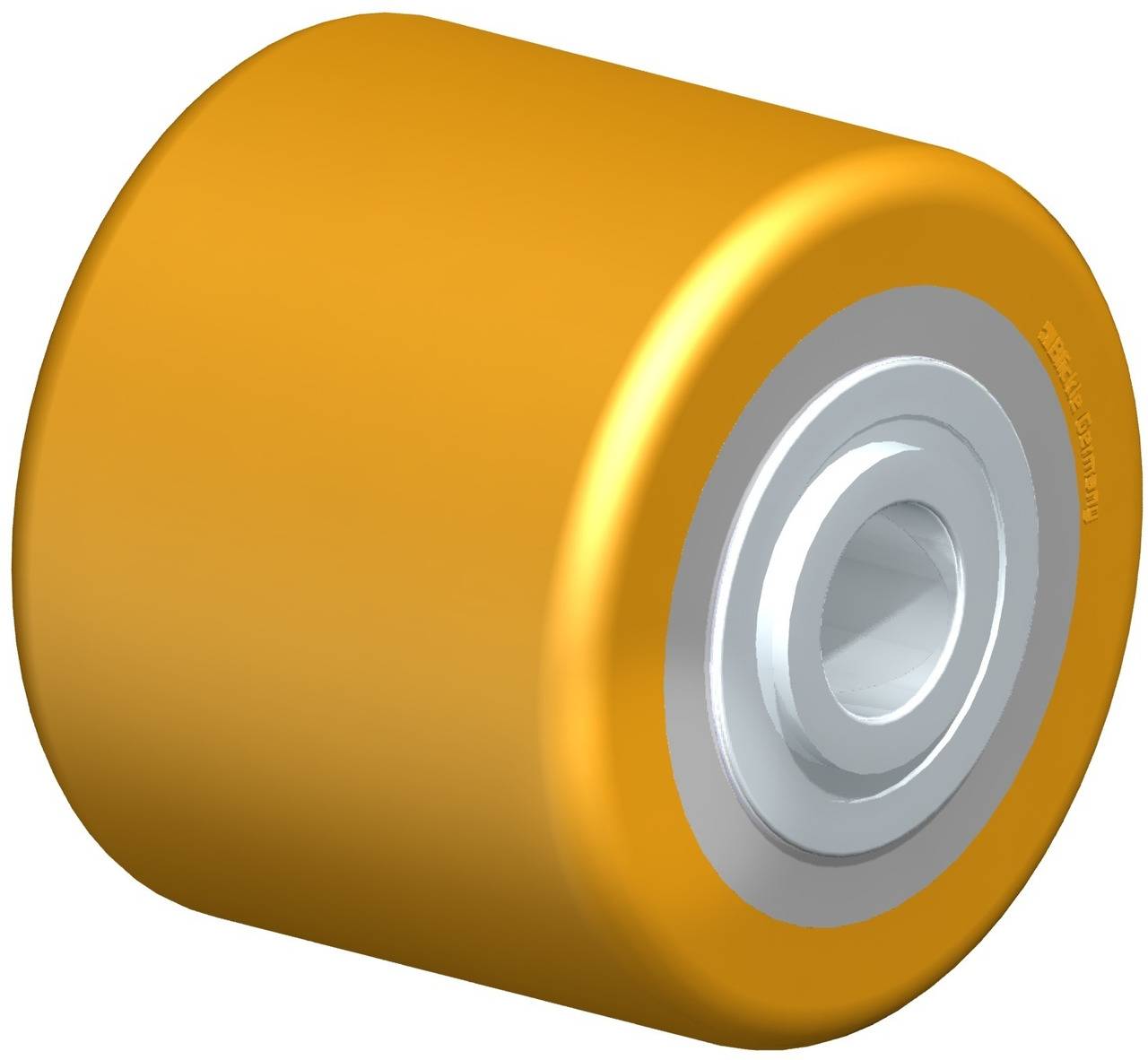 Gelbes Rollendetail mit Metalleinsatz, möglicherweise für technische Anwendungen oder Maschinen, auf weißem Hintergrund.