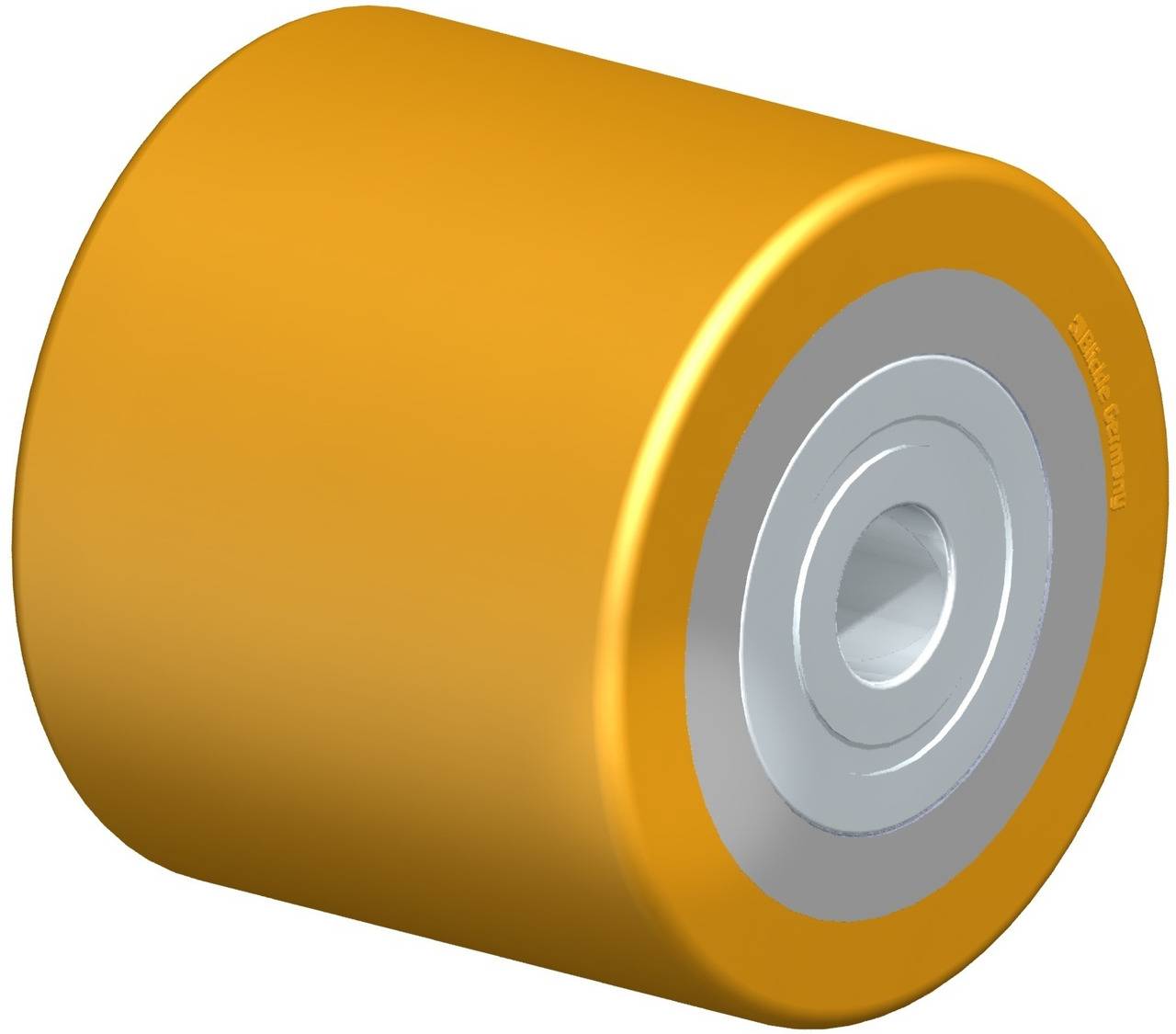 Ein orangefarbenes Rad mit silberner Mitte. Geeignet für Industrieanwendungen. Rechte Seite enthält eine Gravur.