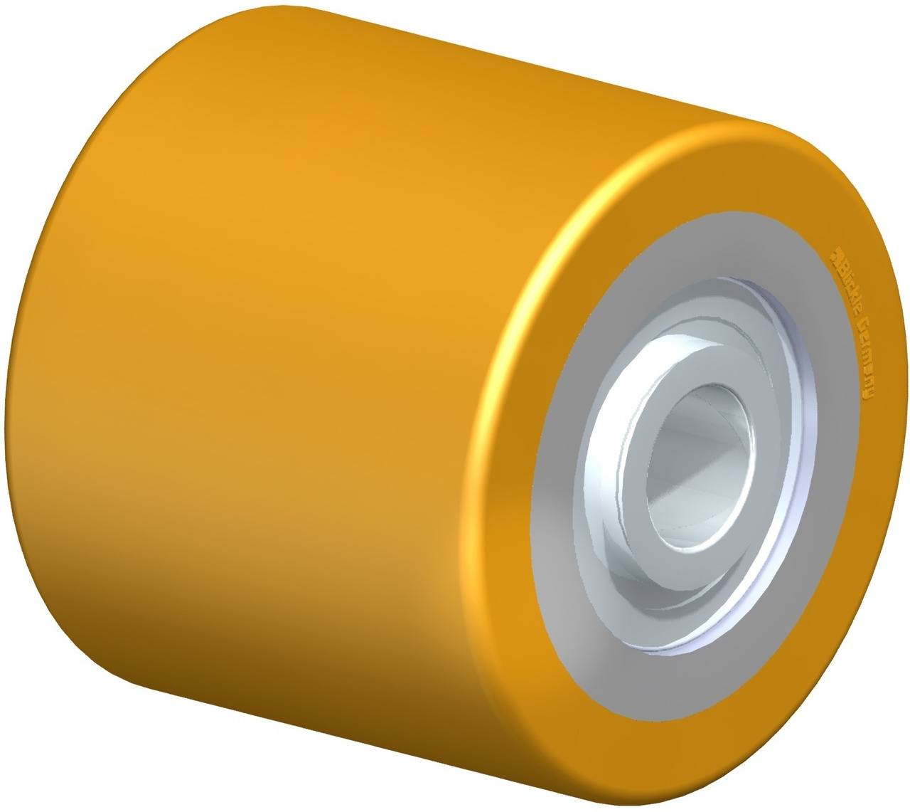 Ein gelbes Rad mit silbernem Innenteil, geeignet für Skateboards oder ähnliche Anwendungen.