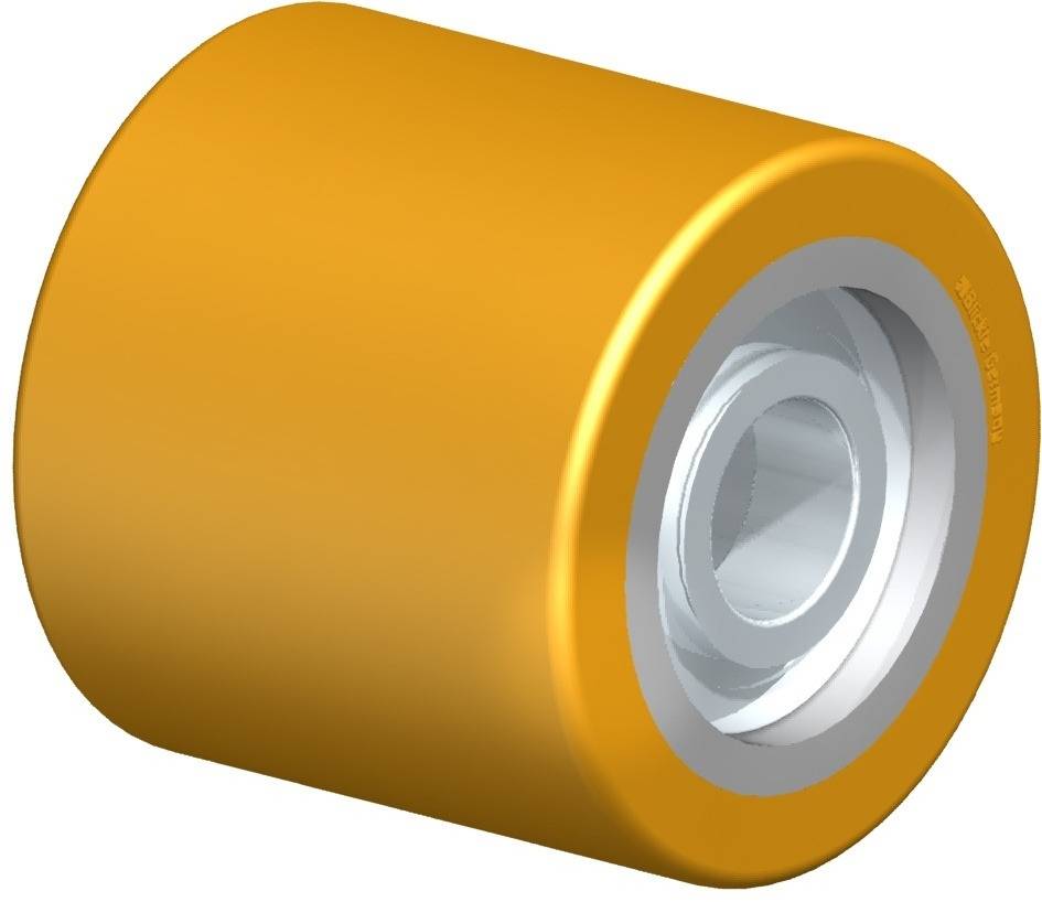 Goldenes Zylinderobjekt mit einer Öffnung in der Mitte, möglicherweise ein Rad oder eine Rolle, dargestellt vor einem weißen Hintergrund.